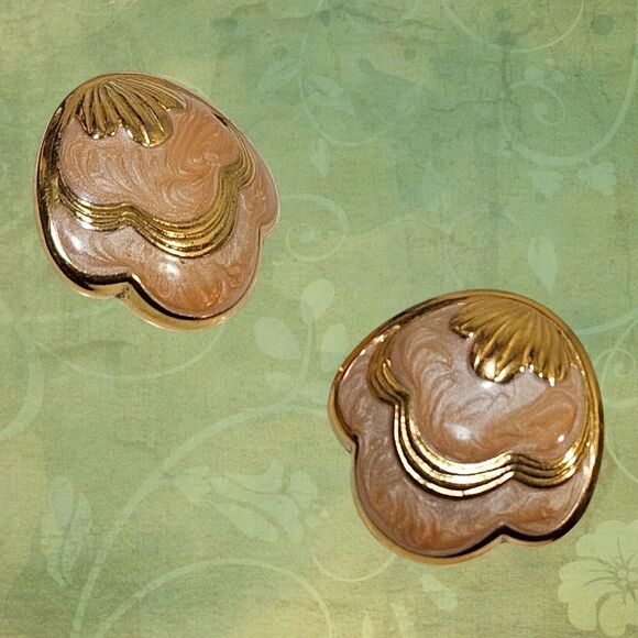 Vtg Enamel Peach Clip On Earrings Woman' Jewelry 80's Goldtone Retro Swirl Shell - Picture 11 of 11